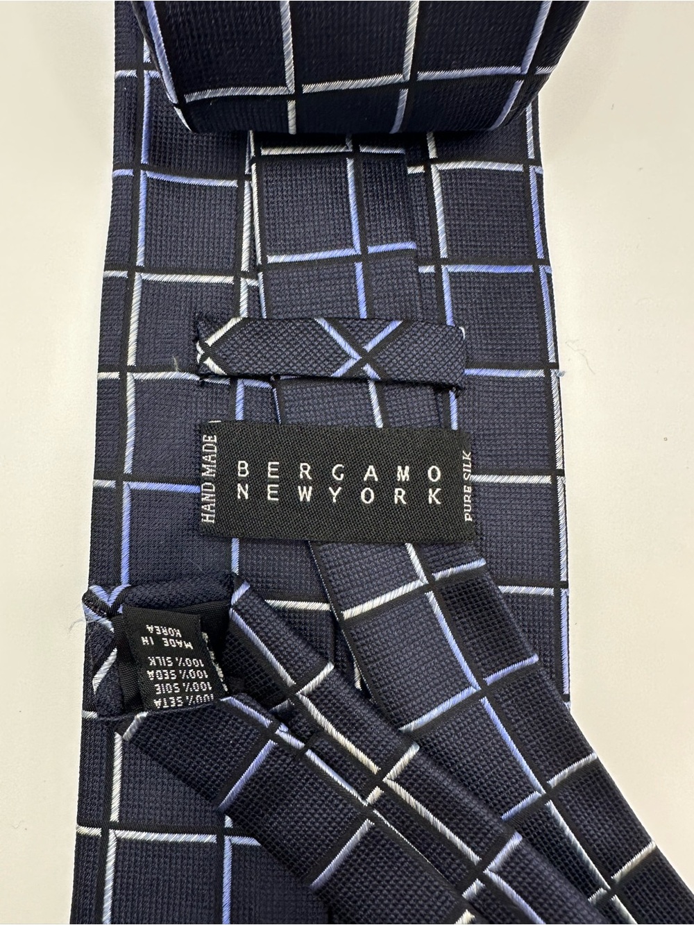 Bergamo New York Handmade Navy Windowpane 100% Silk Tie with Light Blue Accents